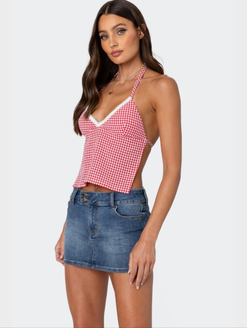 Charmaine Open back Gingham Halter Camisole with Lace Trim